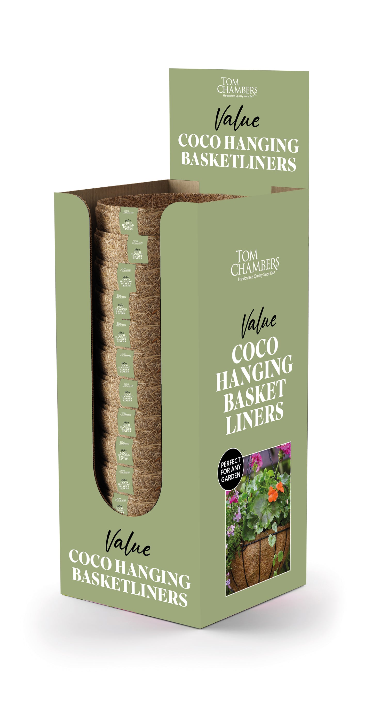 Packaging of Tom Chambers Coco Hanging Basket Liners on a white background