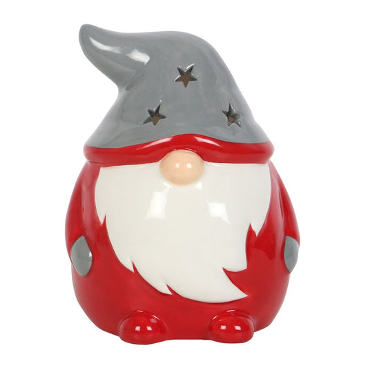 Decorative gnome figurine with a red outfit and gray hat on a white background