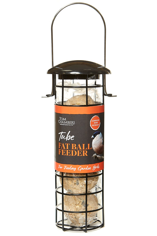 Tube fat ball feeder with label on a white background