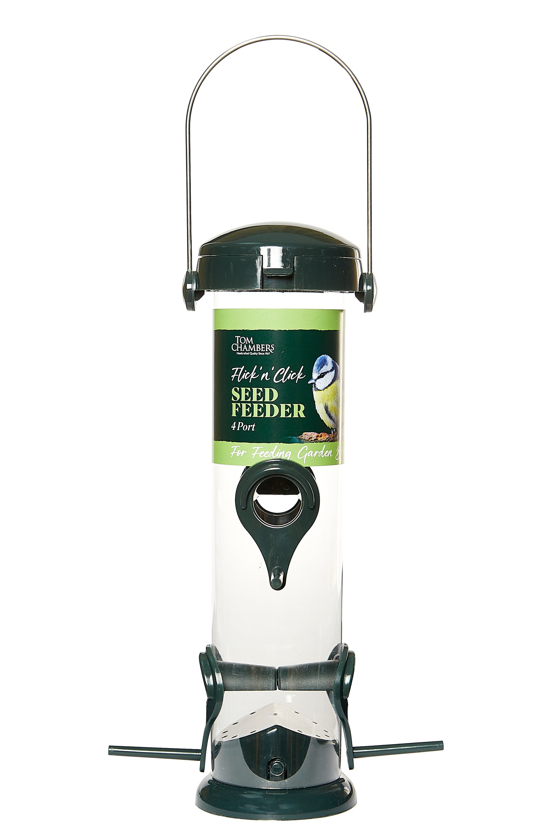 Seed feeder with label on a white background