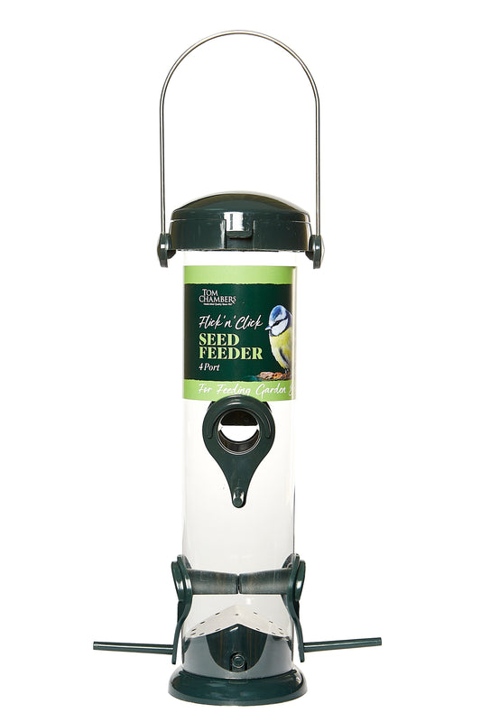 Seed feeder with label on a white background