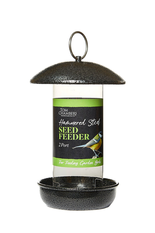 Seed feeder with label on a white background