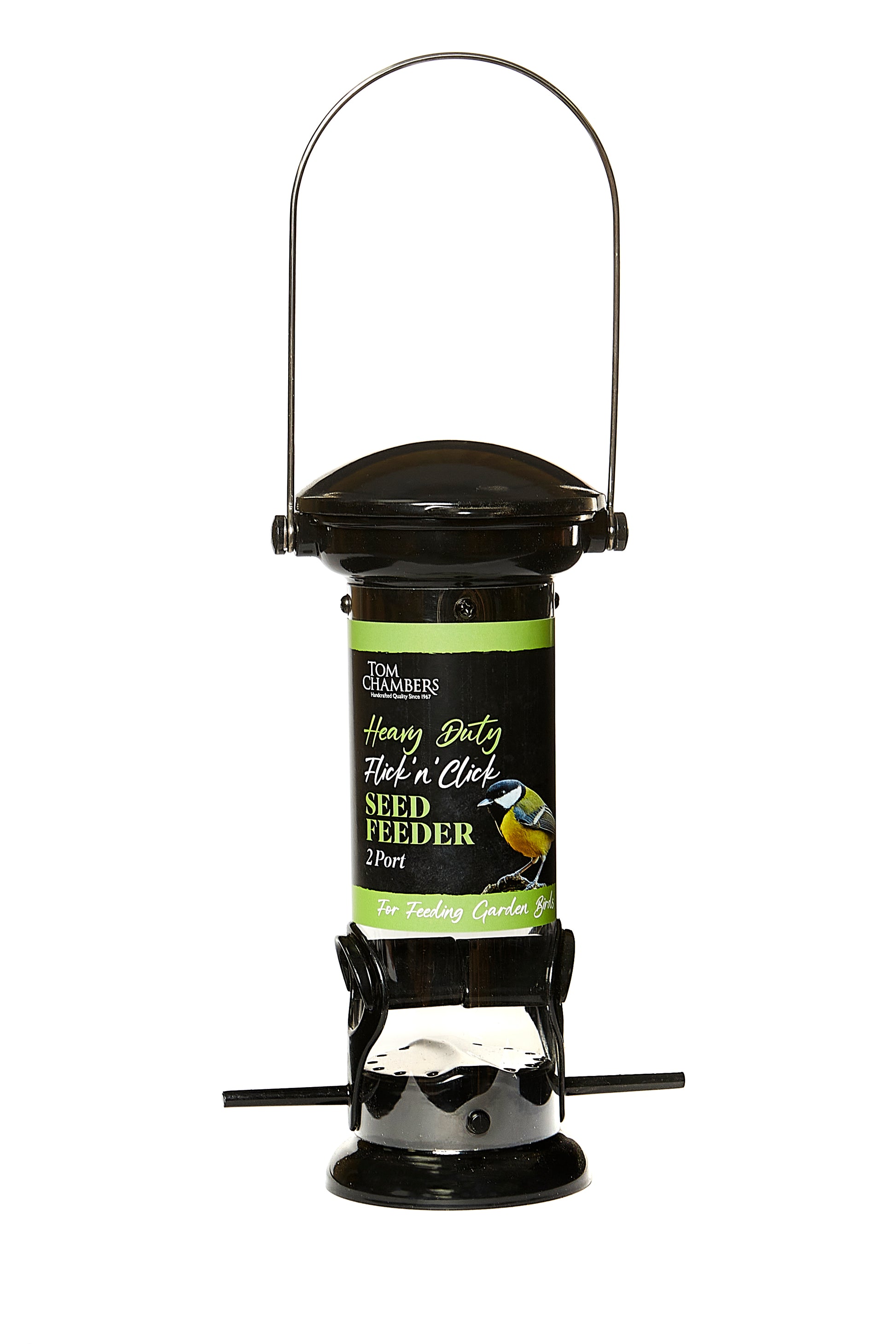 Bird seed feeder with label on a white background