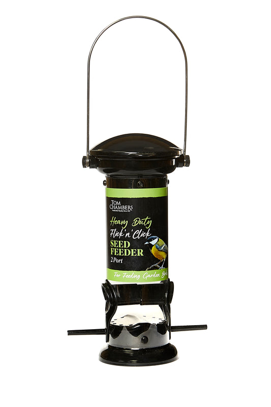 Bird seed feeder with label on a white background