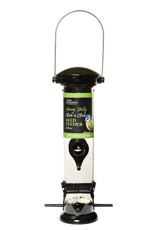Seed feeder with a label on a white background