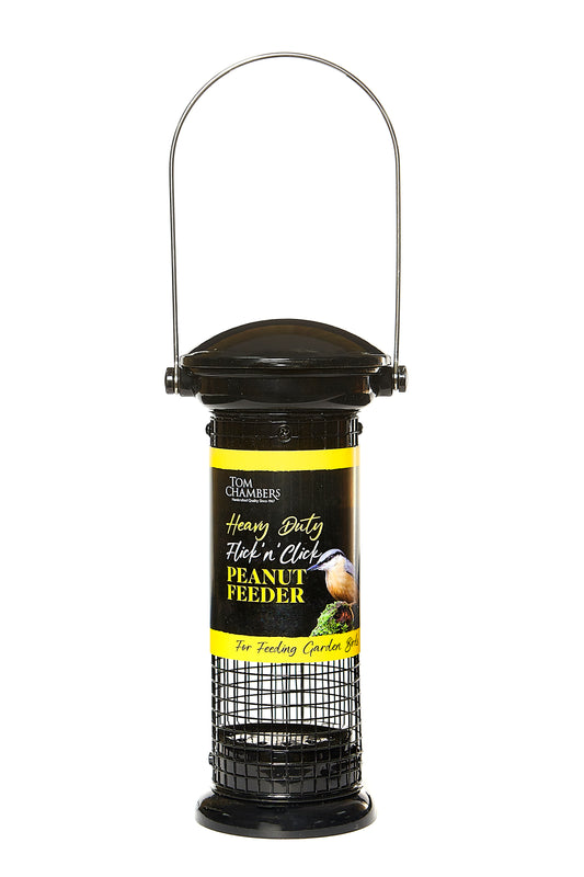 Bird feeder with a label on a white background
