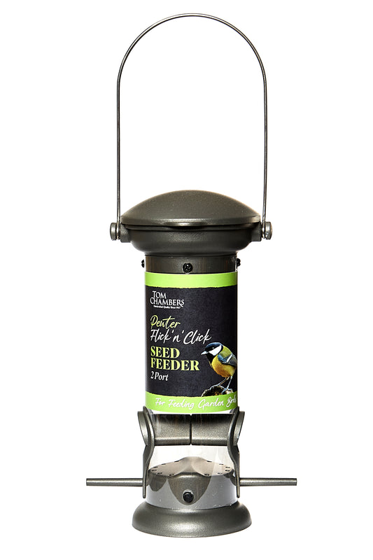 Seed feeder with label on a white background