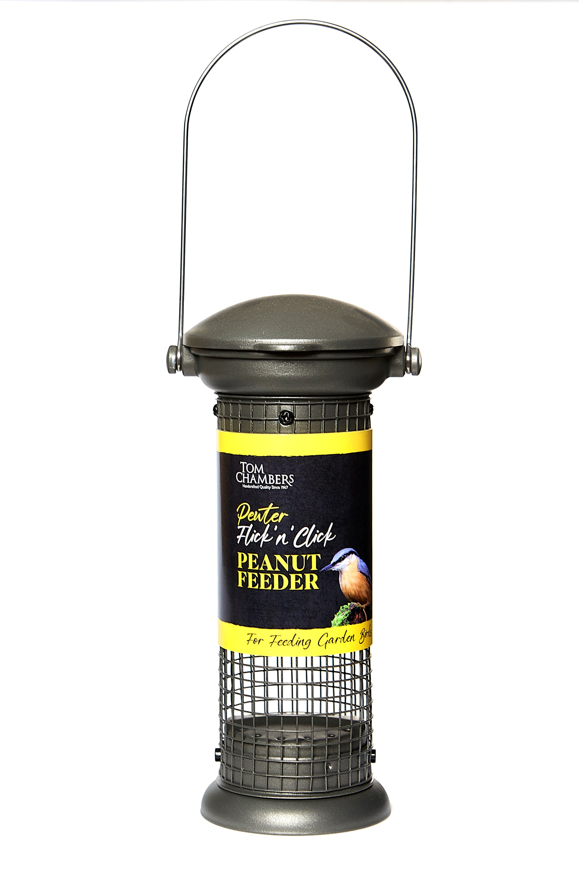 Bird feeder with a yellow label on a white background