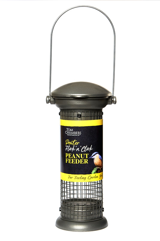 Bird feeder with a yellow label on a white background