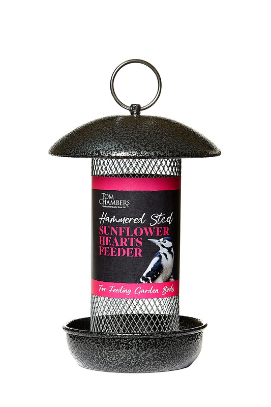 Sunflower hearts feeder with black hammered finish on a white background