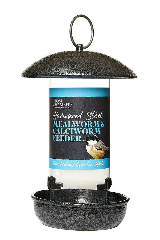 Tom Chambers hammered steel mealworm and calcivorm feeder on a white background
