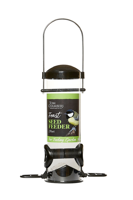Seed feeder with a label on a white background