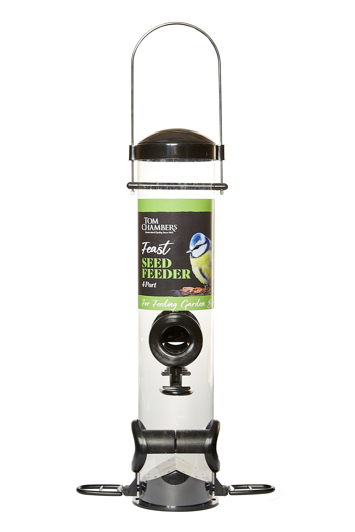 Bird seed feeder with Tim Chambers branding on a white background