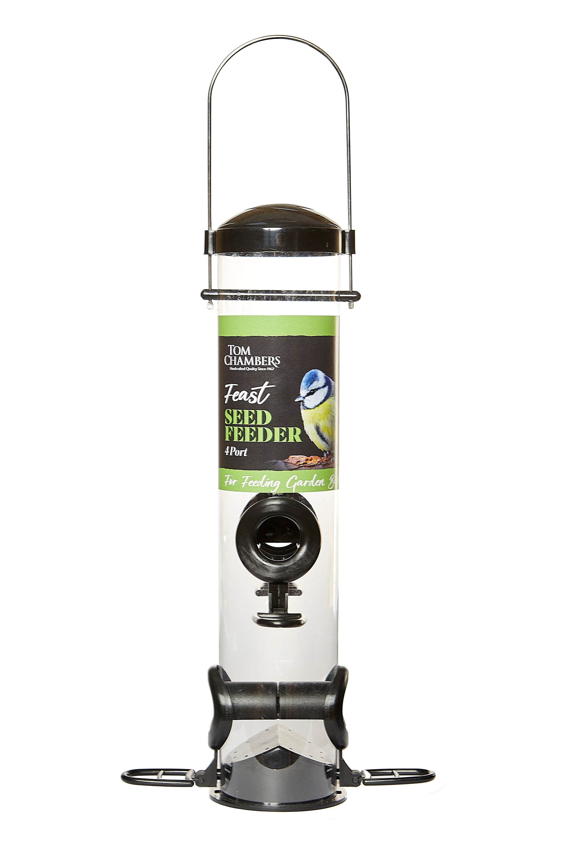 Bird seed feeder with Tim Chambers branding on a white background