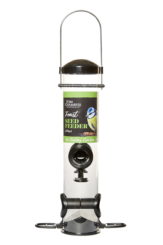 Bird seed feeder with Tim Chambers branding on a white background