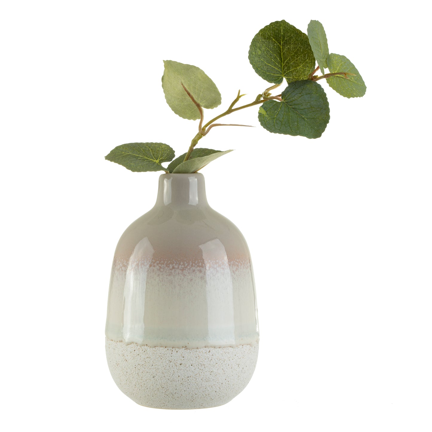 Decorative vase with a textured base and smooth top, featuring a branch with leaves on a white background.