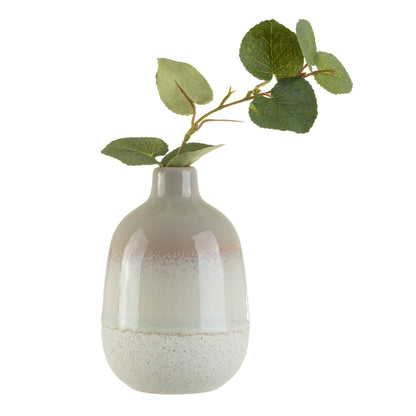 Decorative vase with a textured base and smooth top, featuring a branch with leaves on a white background.