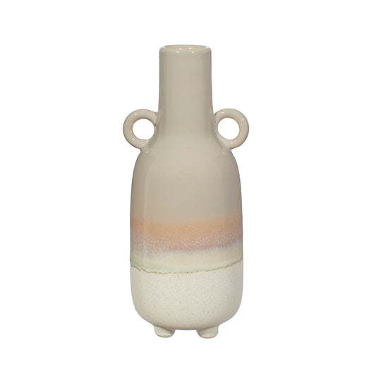 White ceramic vase with two handles on a white background