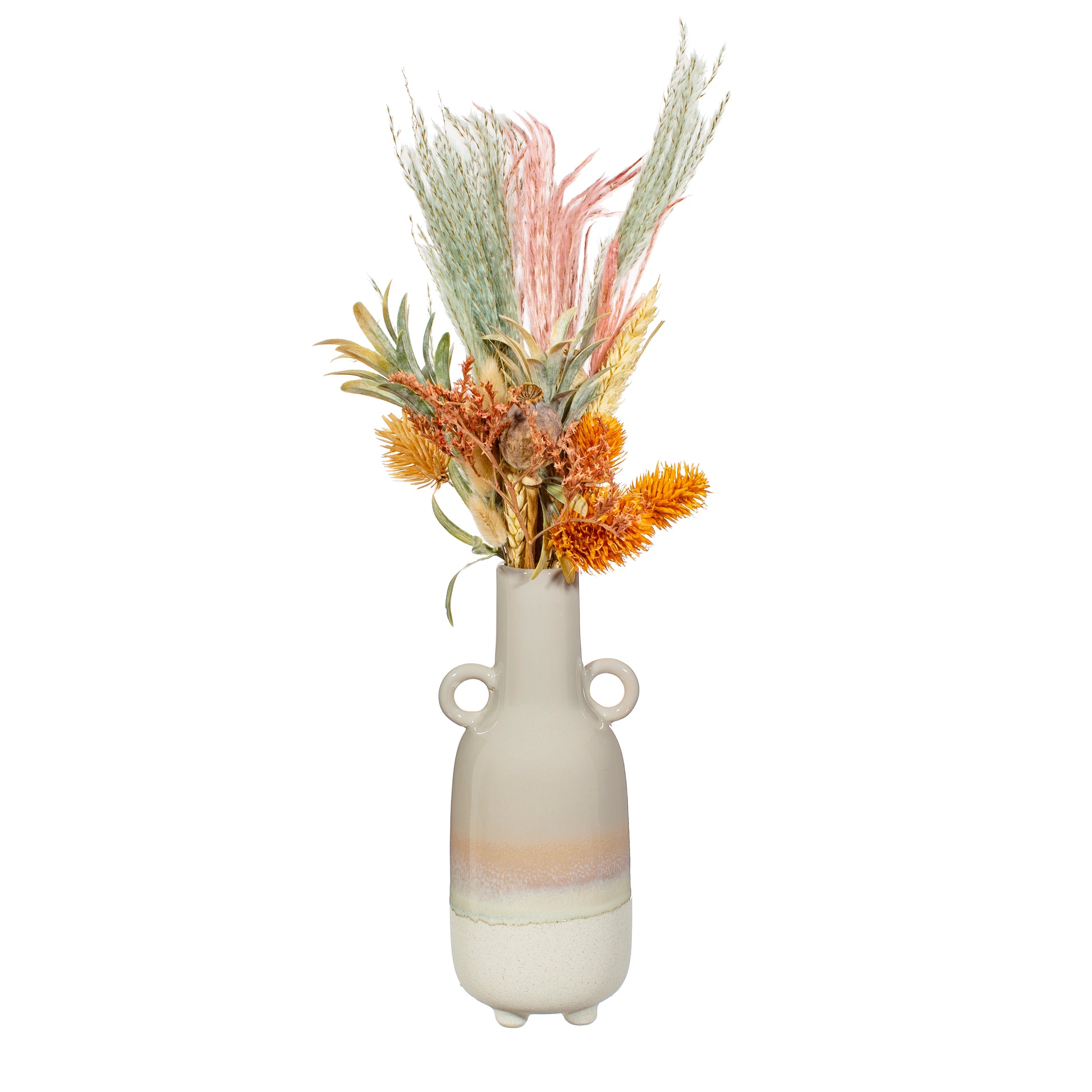 Decorative vase with dried flowers on a white background