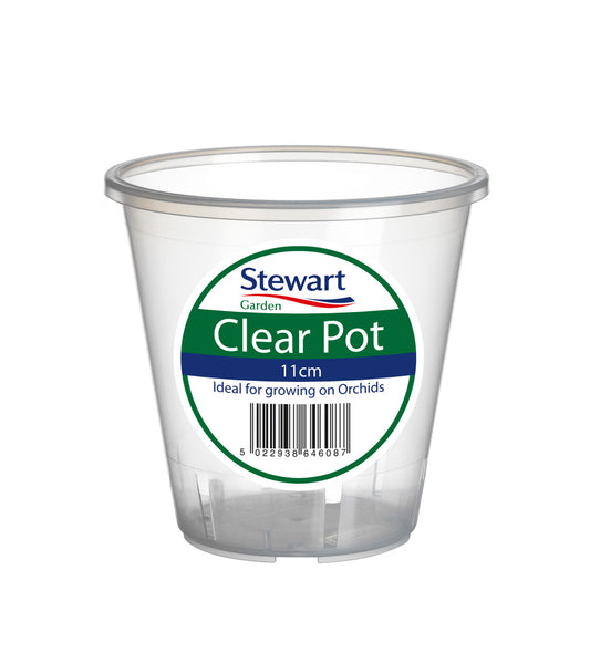 Clear pot with a Stewart Garden label on a white background