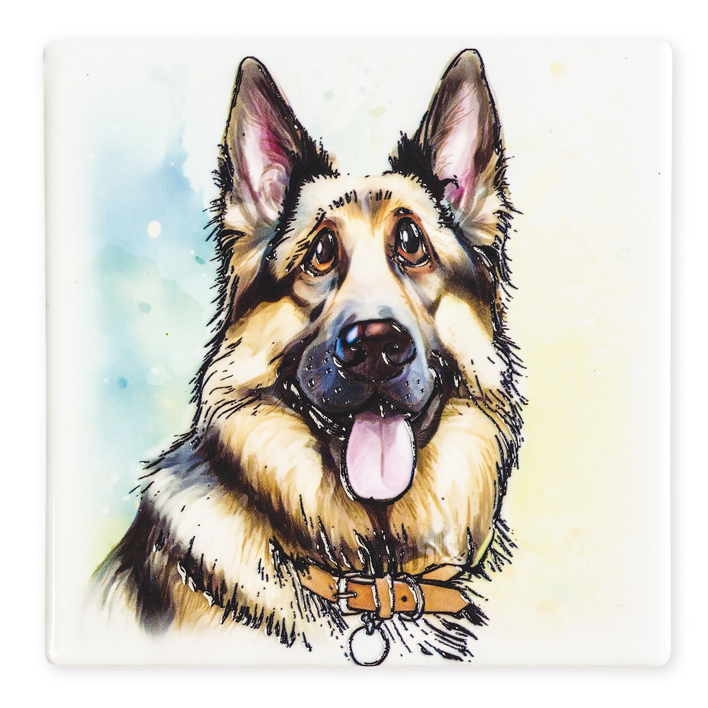 Artistic illustration of a German Shepherd dog with a watercolor background