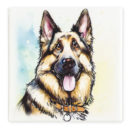 Artistic illustration of a German Shepherd dog with a watercolor background