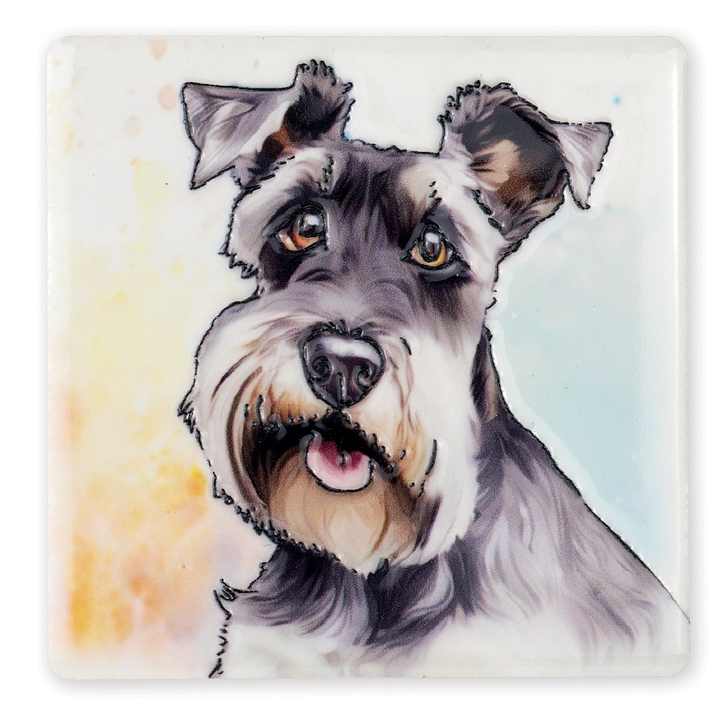 Coaster with a schnauzer dog illustration on a watercolor background
