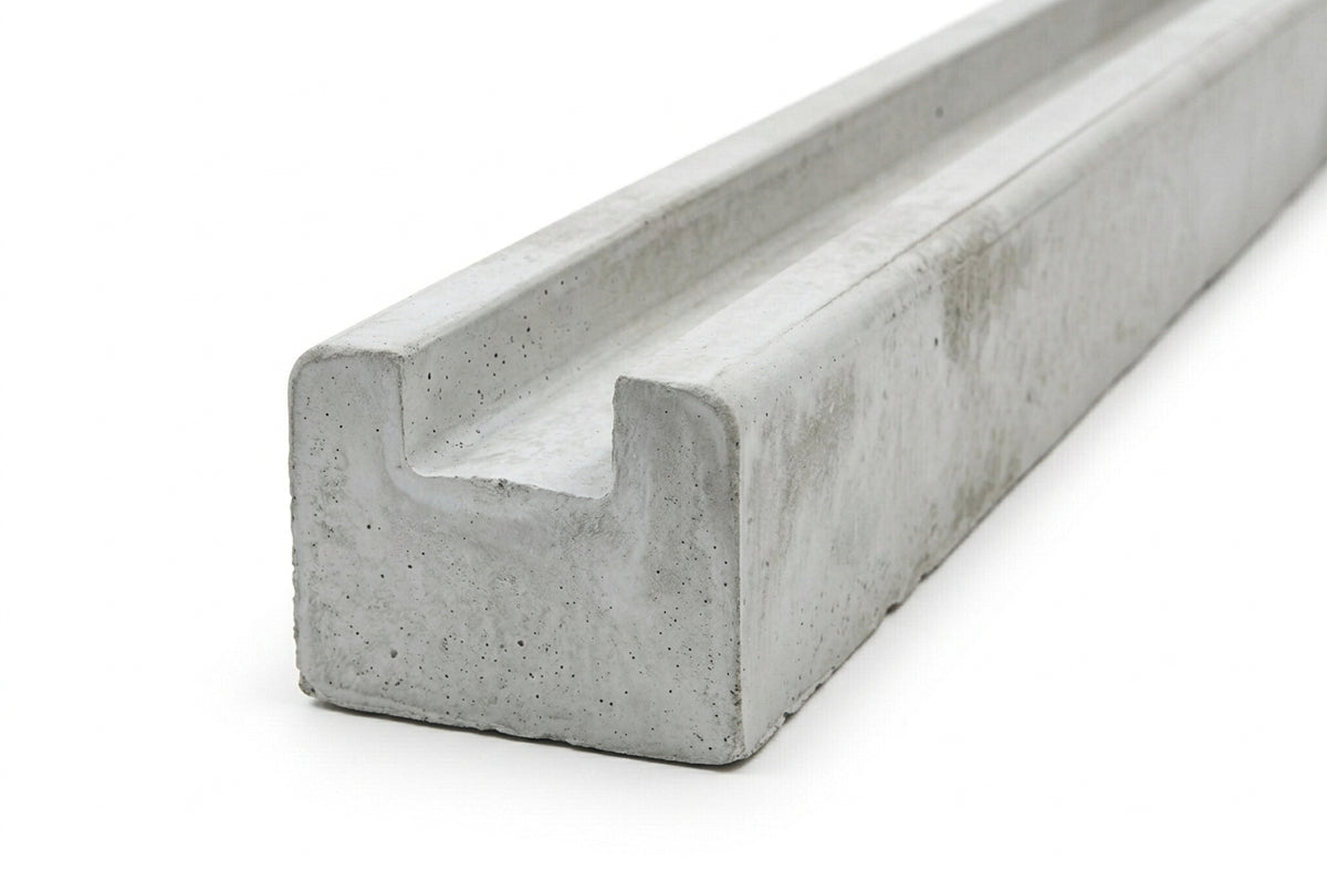 A long, narrow U-shaped concrete channel or molding piece shown at an angle on a clean white background.