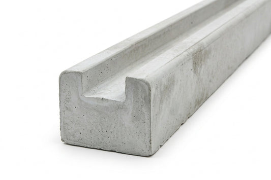 A long, narrow U-shaped concrete channel or molding piece shown at an angle on a clean white background.