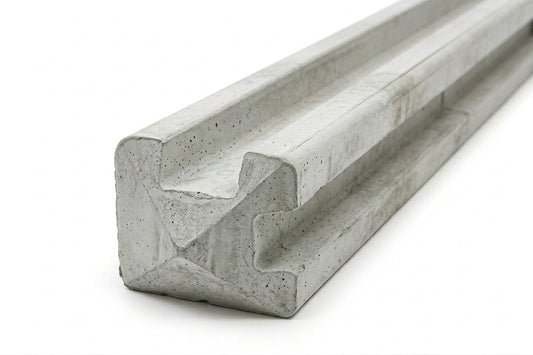 A close-up of a gray concrete or stone channel rail with a textured, speckled finish, shown on a clean white background.
