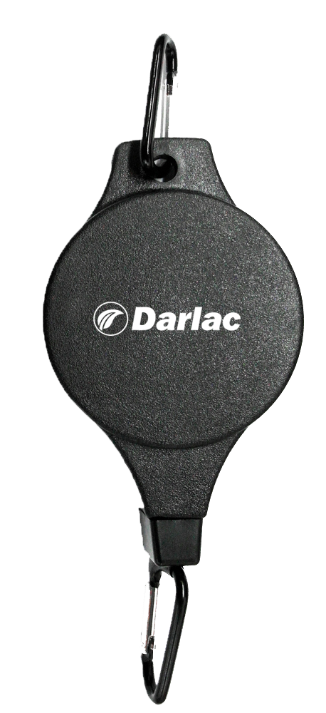 Black retractable keychain with carabiner and Darlac branding on a white background