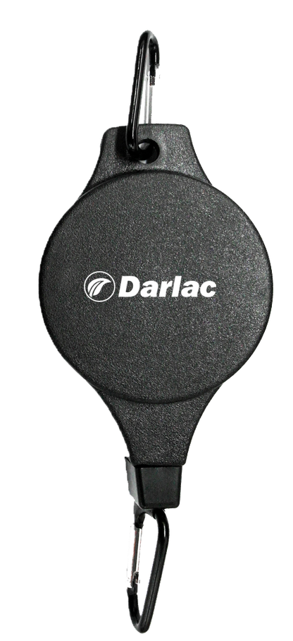 Black retractable keychain with carabiner and Darlac branding on a white background
