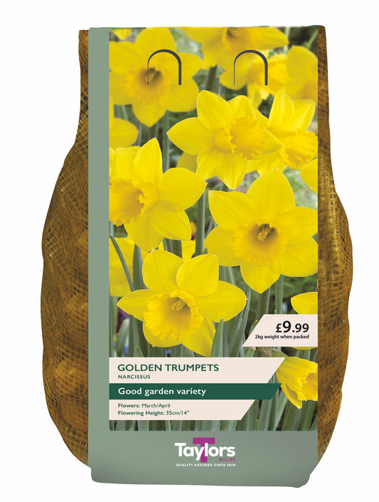 A bag of Taylors Golden Trumpets daffodils, showing a front label with a photo of bright yellow flowers and a brown burlap-style side panel, on a white background.
