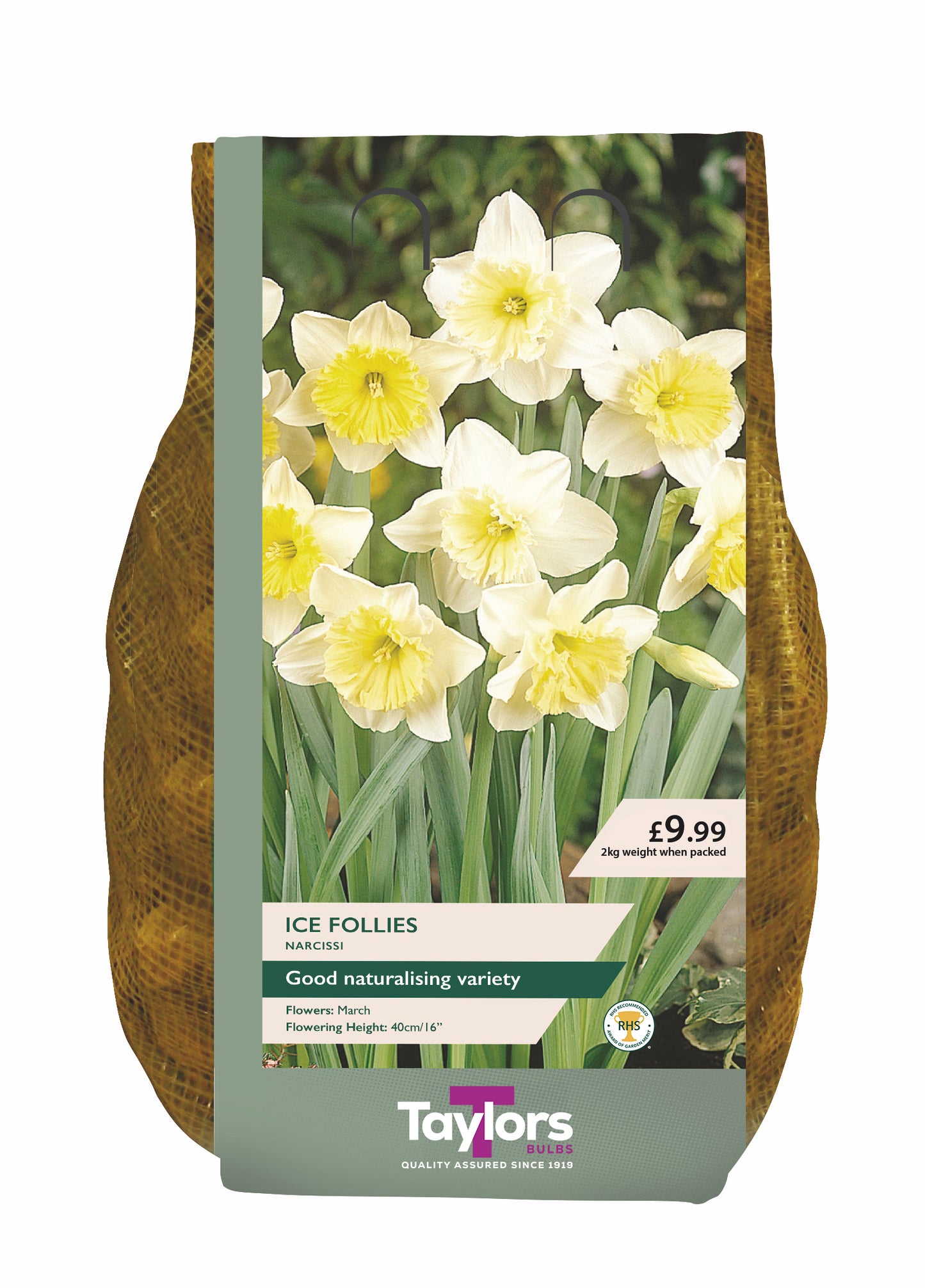 A bag of Taylors Ice Follies Marigold flowering plants, showing a front label with yellow and white daffodils, green foliage, and a brown mesh bag visible on the sides against a white background.