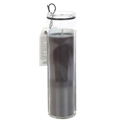 Gray candle in a clear glass jar with a black lid on a white background
