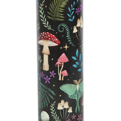 Tumbler with a colorful forest design featuring mushrooms and leaves on a black background.