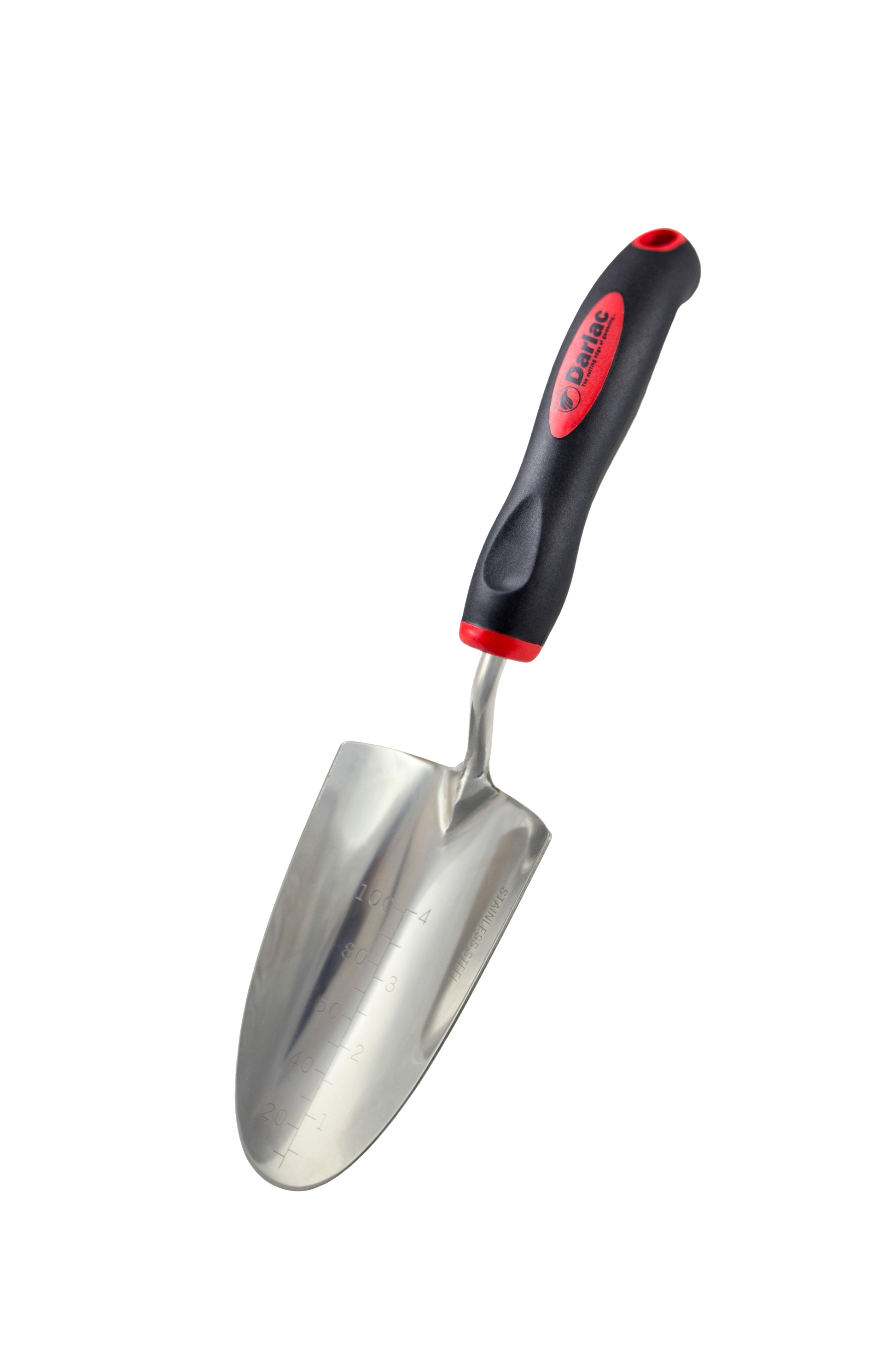 Gardening trowel with a black and red handle on a white background