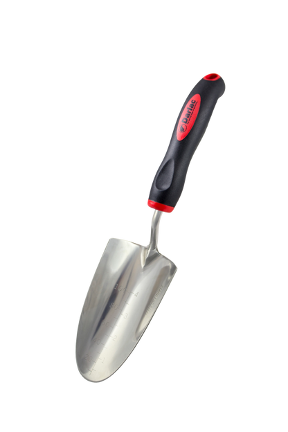 Gardening trowel with a black and red handle on a white background