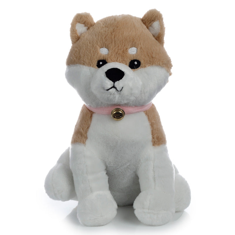 Plush toy dog with a pink collar on a white background
