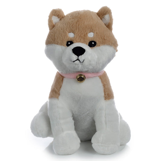 Plush toy dog with a pink collar on a white background