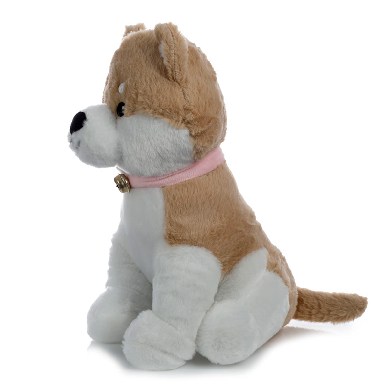 Plush toy dog with a pink collar on a white background