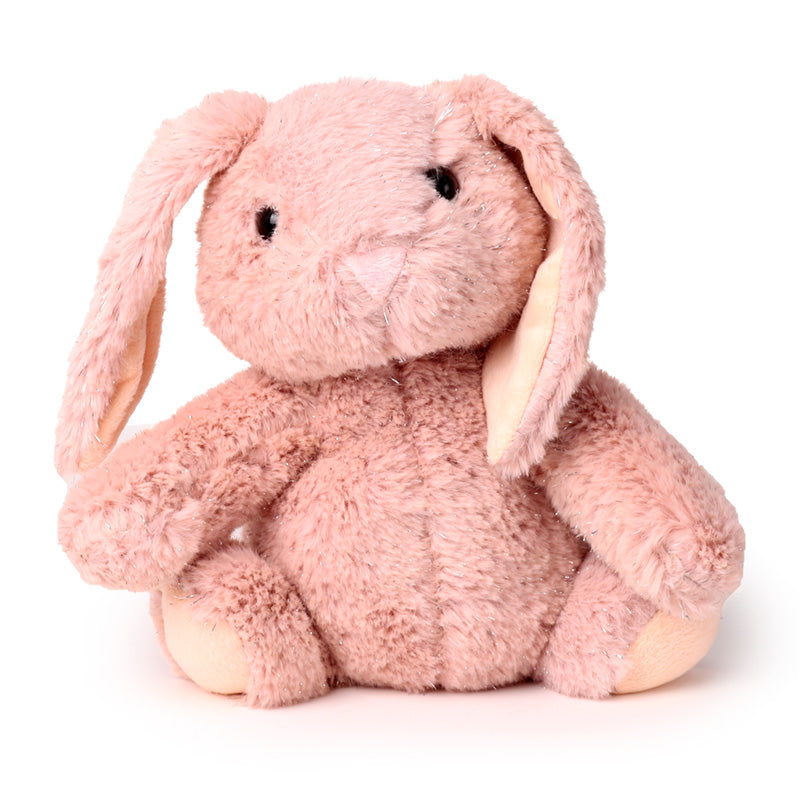 Pink plush bunny toy on a white background