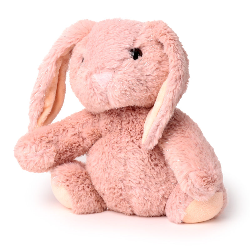 Pink plush bunny toy on a white background