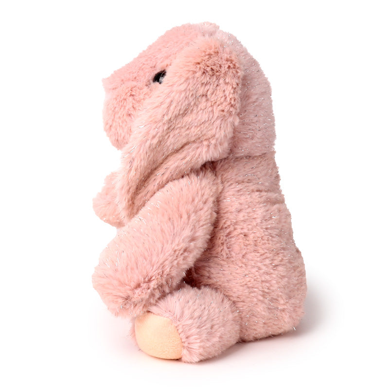 Pink plush bunny toy on a white background