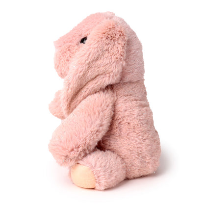 Pink plush bunny toy on a white background