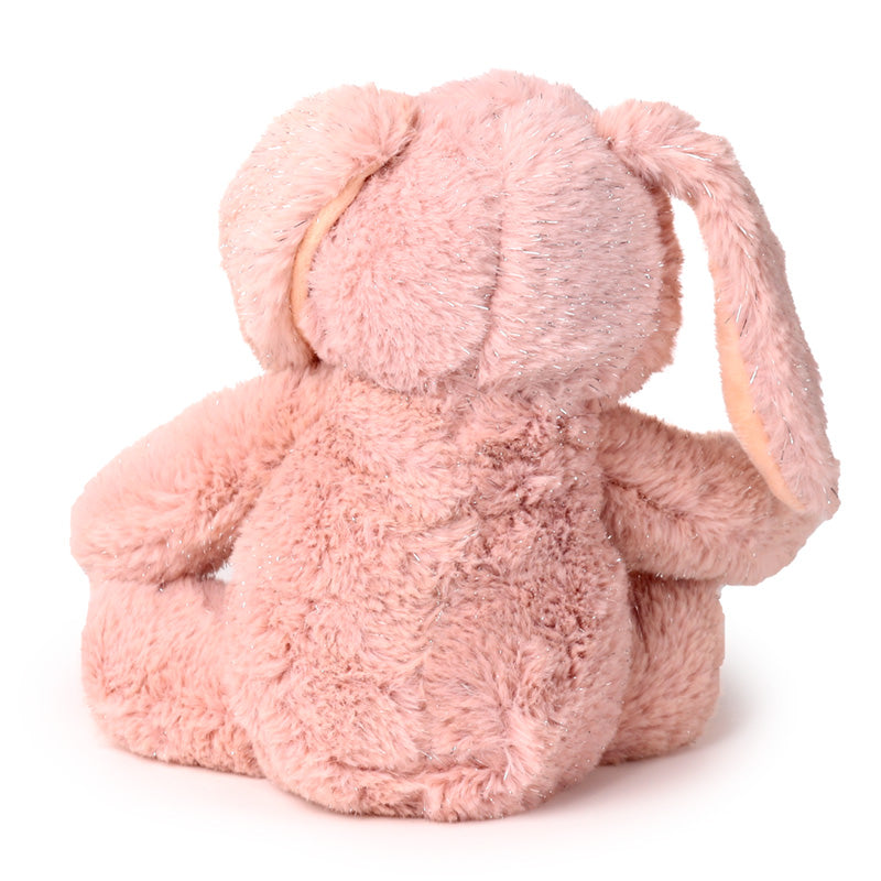 Pink plush bunny toy on a white background