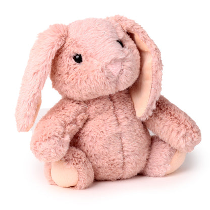Pink plush bunny toy on a white background