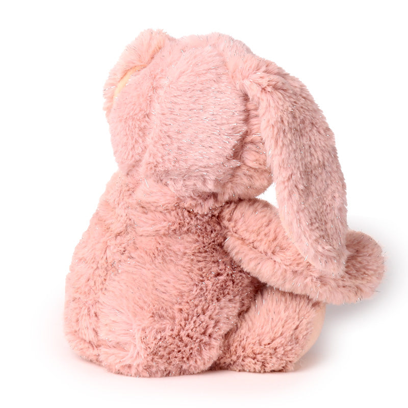 Pink plush bunny toy on a white background