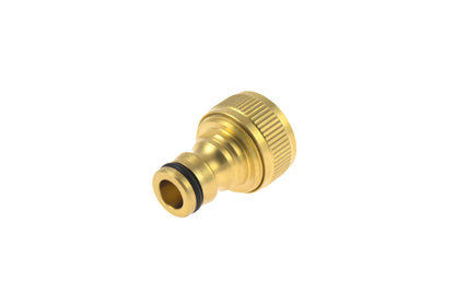Gold-colored female hose connector on a white background