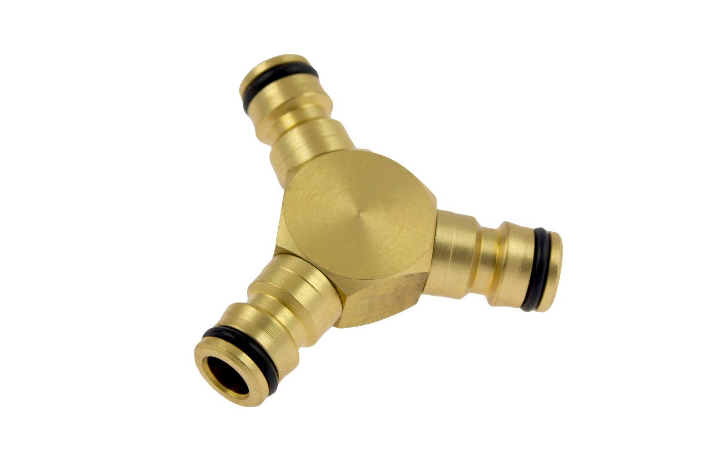 Brass Y-shaped plumbing fitting on a white background